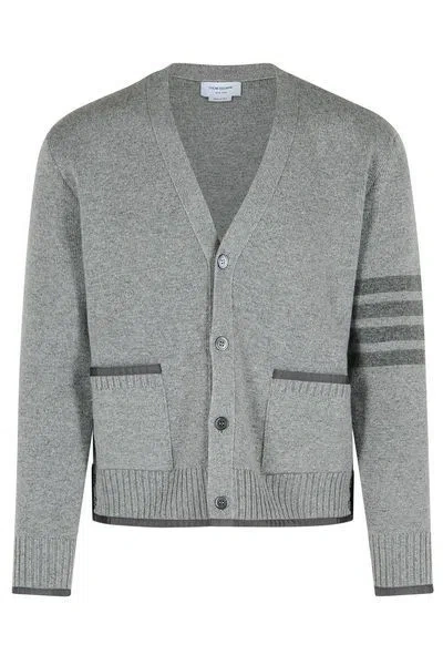 Thom Browne Milano Stitch V Neck Cardigan In Merino Wool In Gray