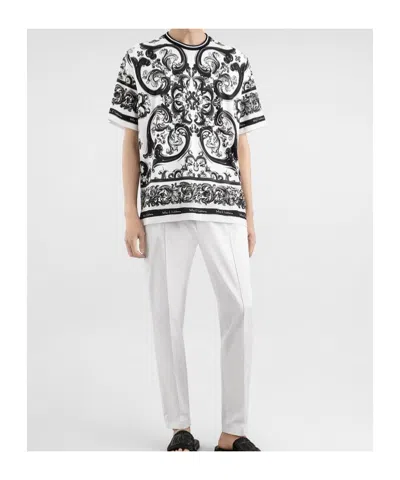 Dolce & Gabbana Men Black And White Crewneck T-shirt With All-over Graphic Print In Cotton Man In Multi