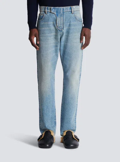 Balmain Straight Whiskering Faded Belt Loops Pockets In Blue