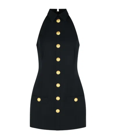 Balmain Black Wool Mini Dress In Black