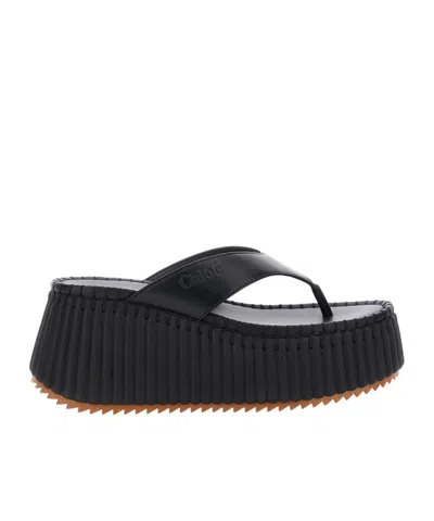 Chloé Heeled Leather Platform Sandals With Ribbed Sole In Blue