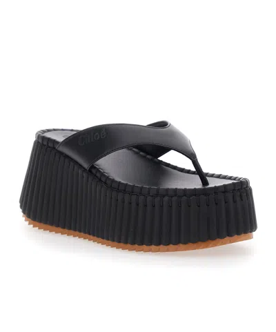 Chloé Heeled Leather Platform Sandals With Ribbed Sole In Blue