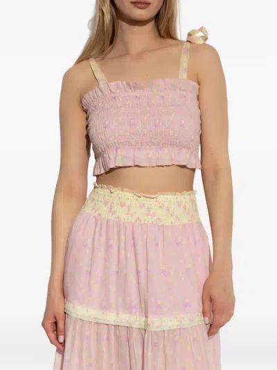 Loveshackfancy Corbin Cotton Mixed Print Top In Pink Lemonade In Pink