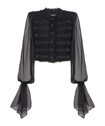 Balmain Edge-to-edge Tweed And Chiffon Jacket In Black