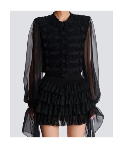 Balmain Edge-to-edge Tweed And Chiffon Jacket In Black