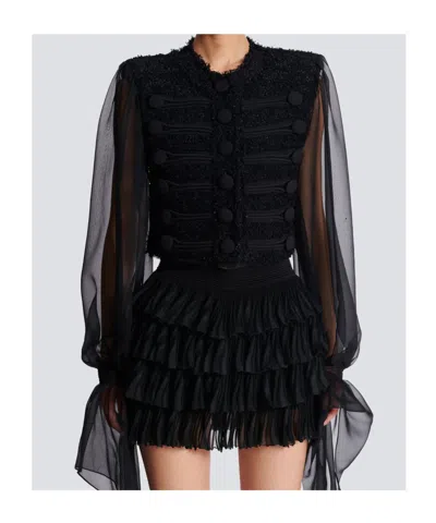 Balmain Edge-to-edge Tweed And Chiffon Jacket In Black