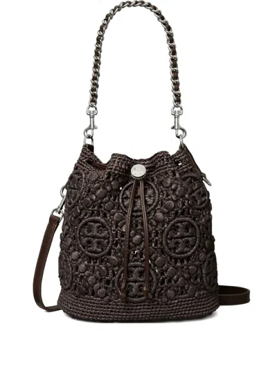 Tory Burch T Monogram Raffia Bucket Bag In Brown