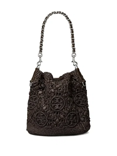 Tory Burch T Monogram Raffia Bucket Bag In Brown