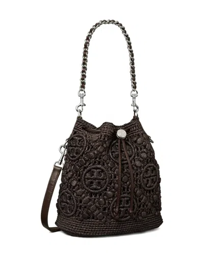 Tory Burch T Monogram Raffia Bucket Bag In Brown