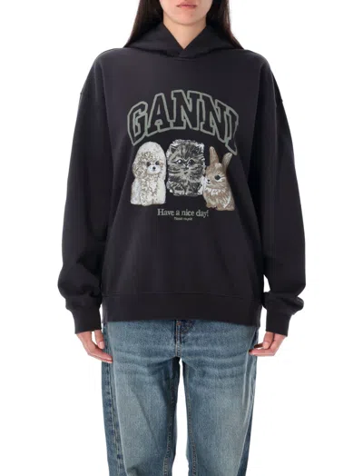 Ganni Oversize Cotton Sweatshirt With Hood And Graphic Print