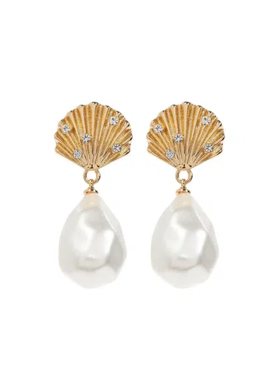 Self-portrait Shell-shaped Earrings With Teardrop Pearl Pendant In Gold