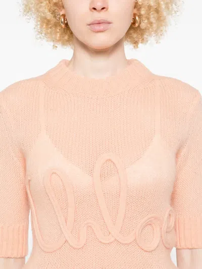 Chloé Logo Embroidery Sweater Sweaters And Cardigans Pink In Neutral