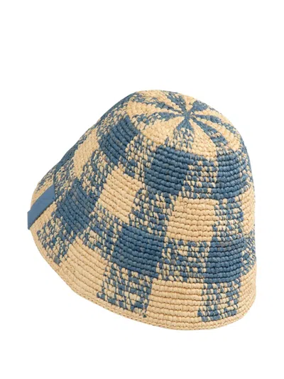 Loewe Raffia Crochet Check Bucket In Blue