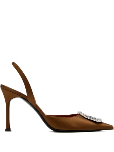 Amina Muaddi 95mm Pointed-toe Satin Slingback Pumps In Brown