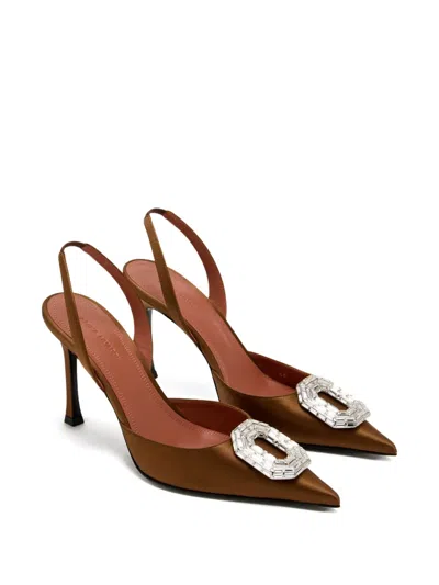 Amina Muaddi 95mm Pointed-toe Satin Slingback Pumps In Brown