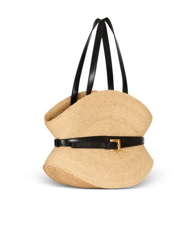 Balmain Medium Structured Shoulder Bag With Woven Texture In Nude