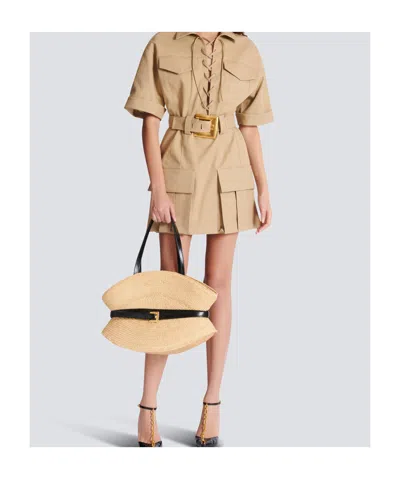 Balmain Medium Structured Shoulder Bag With Woven Texture In Nude