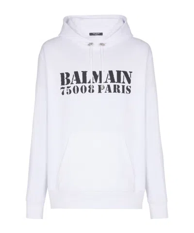 Balmain Stamped Cotton Hoodie Pocket In White