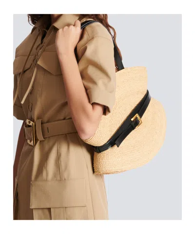 Balmain Medium Structured Shoulder Bag With Woven Texture In Nude