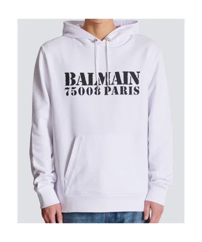 Balmain Stamped Cotton Hoodie Pocket In White