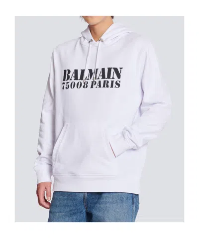 Balmain Stamped Cotton Hoodie Pocket In White