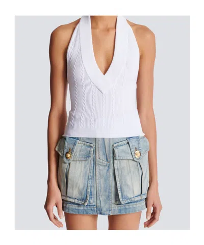 Balmain Cable Knit Halterneck Cropped Top In White