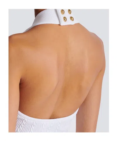 Balmain Cable Knit Halterneck Cropped Top In White
