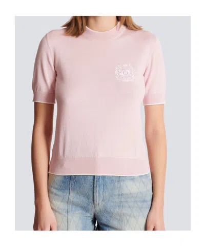 Balmain Embleme-embroidered Knit Top In Pink