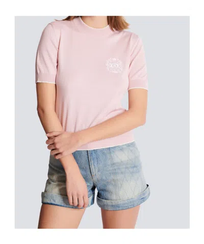 Balmain Embleme-embroidered Knit Top In Pink