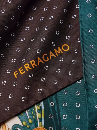 Ferragamo Patterned Print Silk Foulard Square Shape In Green