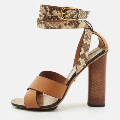 Pre-owned Gucci Brown Python And Leather Crisscross Ankle Strap Sandals Size 38