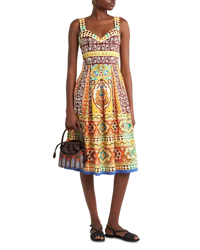 Etro Pleated Printed Cotton-poplin Midi Dress In Yellow