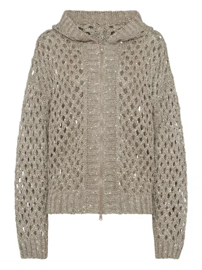 Brunello Cucinelli Clay Dazzling Net Hooded Zip-up Cardigan In Brown