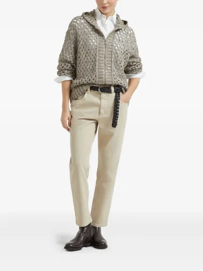 Brunello Cucinelli Clay Dazzling Net Hooded Zip-up Cardigan In Brown