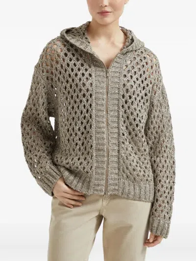 Brunello Cucinelli Clay Dazzling Net Hooded Zip-up Cardigan In Brown