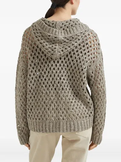 Brunello Cucinelli Clay Dazzling Net Hooded Zip-up Cardigan In Brown