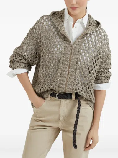 Brunello Cucinelli Clay Dazzling Net Hooded Zip-up Cardigan In Brown