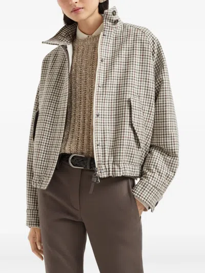 Brunello Cucinelli Checked Flannel Bomber Jacket In Brown