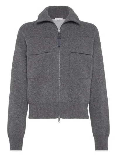 Brunello Cucinelli 'shiny Zipper Pull' Wool Cardigan In Gray