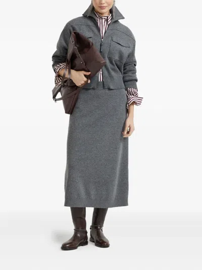 Brunello Cucinelli 'shiny Zipper Pull' Wool Cardigan In Gray