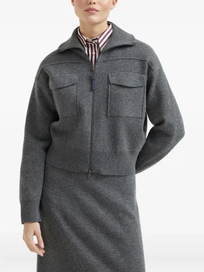 Brunello Cucinelli 'shiny Zipper Pull' Wool Cardigan In Gray