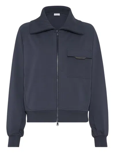 Brunello Cucinelli Stretch-cotton Monili-tab Cardigan In Blue