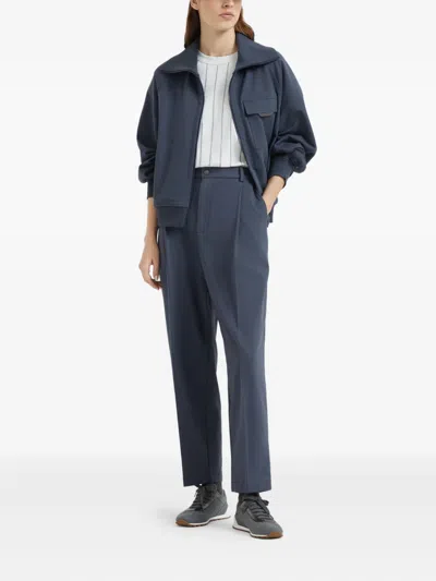 Brunello Cucinelli Stretch-cotton Monili-tab Cardigan In Blue