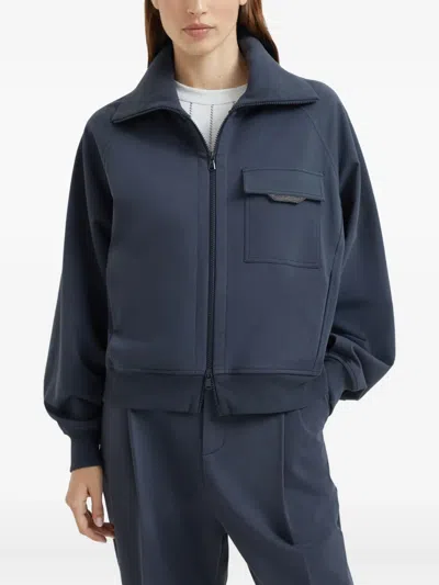 Brunello Cucinelli Stretch-cotton Monili-tab Cardigan In Blue