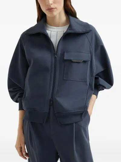 Brunello Cucinelli Stretch-cotton Monili-tab Cardigan In Blue