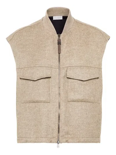 Brunello Cucinelli Zip-up Fluid Double Face Wool Vest In Brown
