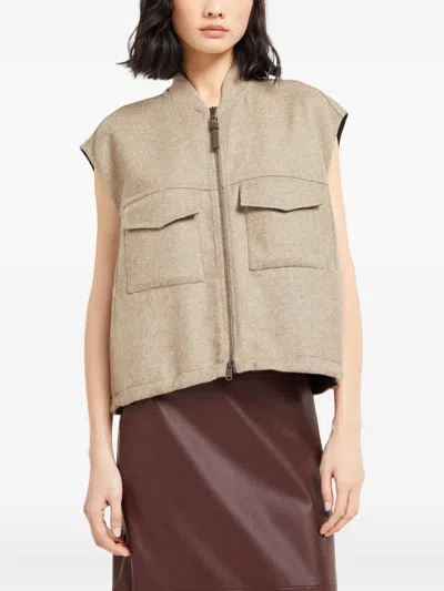 Brunello Cucinelli Zip-up Fluid Double Face Wool Vest In Brown