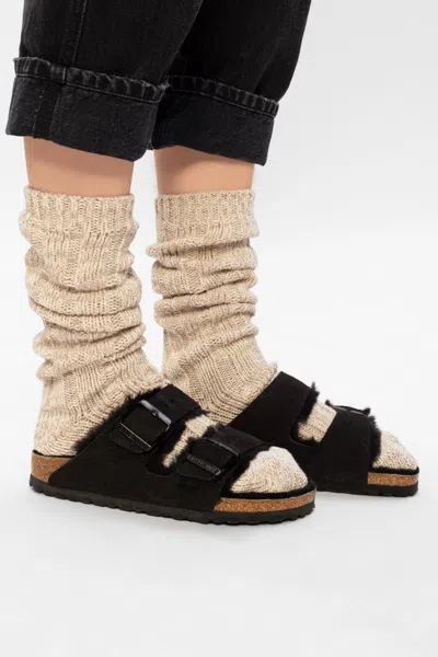 Birkenstock Arizona Shearling Slides With Large Buckle In Black