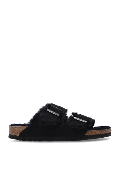Birkenstock Arizona Shearling Slides With Large Buckle In Black