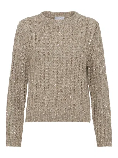 Brunello Cucinelli Textured Ribbed Sweater With Shimmering Threads In Gold